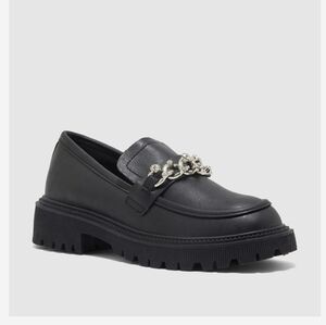 Ardene Lug Sole Loafers With Rhinestones Chains Faux Leather Size 6 Chunky Y2K